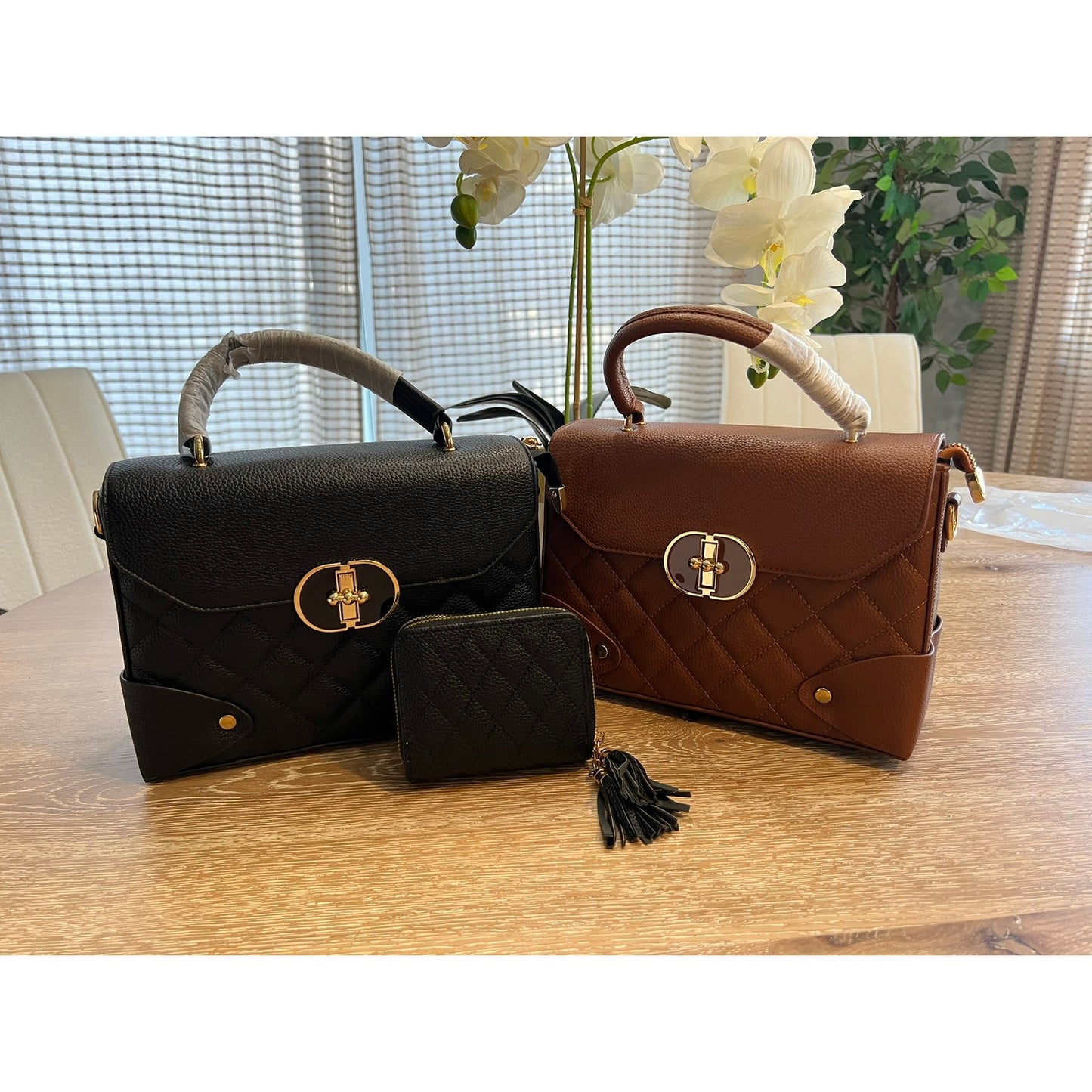 WOMEN'S QUILTED TOP HANDLE HANDBAG SET WITH WALLET BLACK