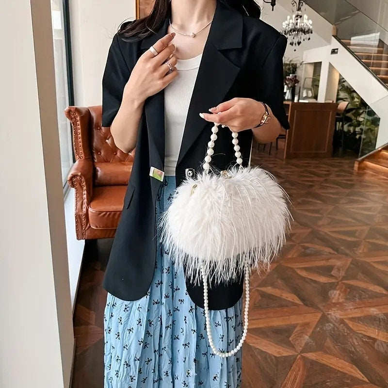 GORGEOUS WOMEN'S WHITE FAUX FLUFFY FEATHER FUR EMBELISHED HANDBAG