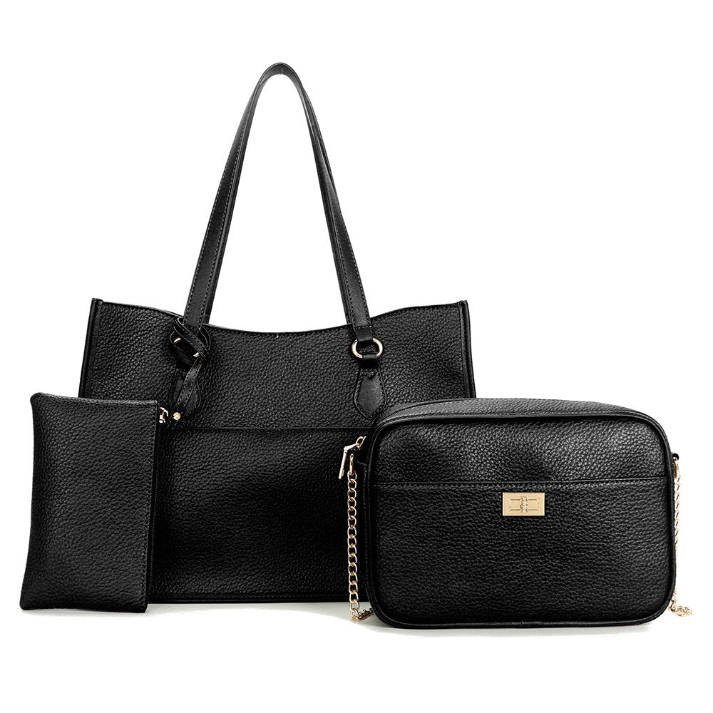 Women's Black Fashion Faux Leather Handbag 3 in 1 Set