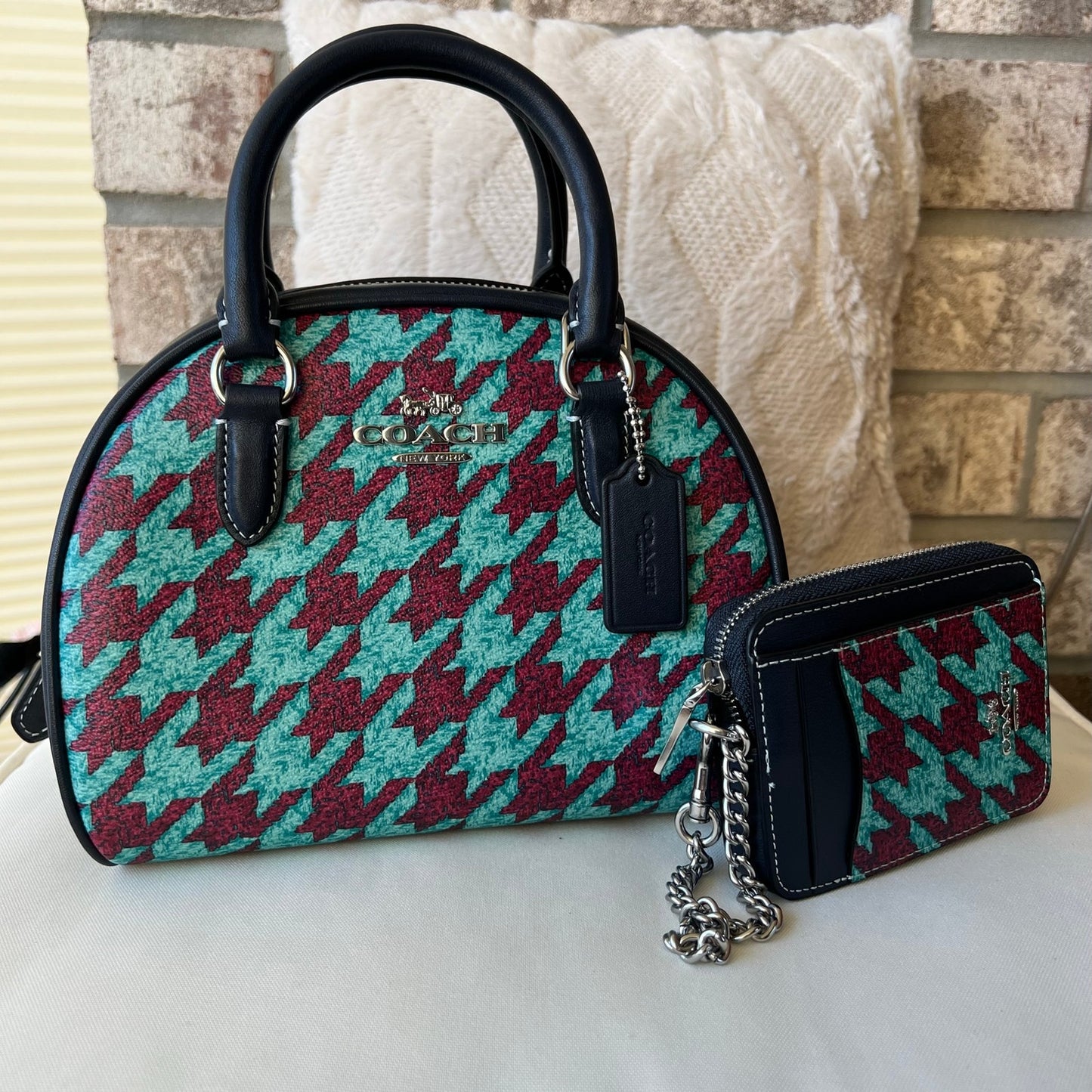 COACH Sydney Satchel With Houndstooth Print with Zip Card Wallet