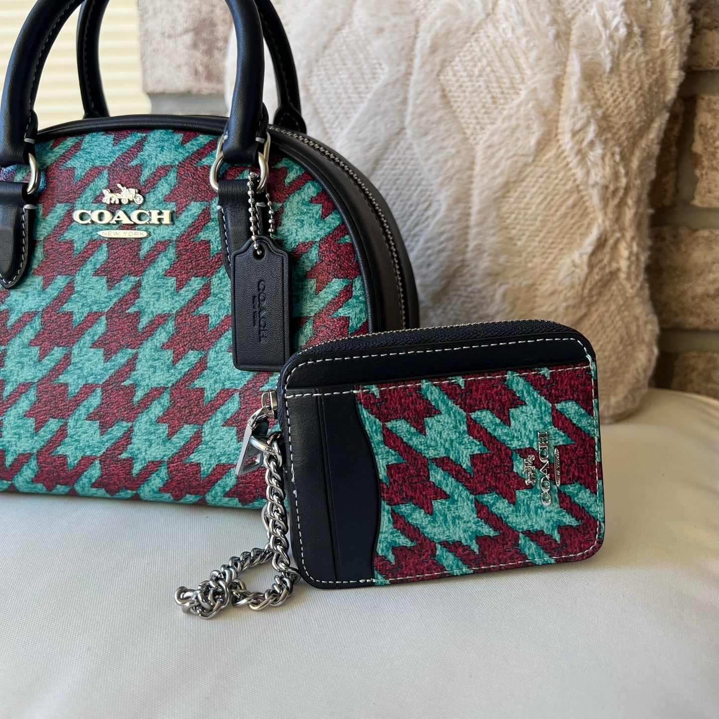 COACH Sydney Satchel With Houndstooth Print with Zip Card Wallet