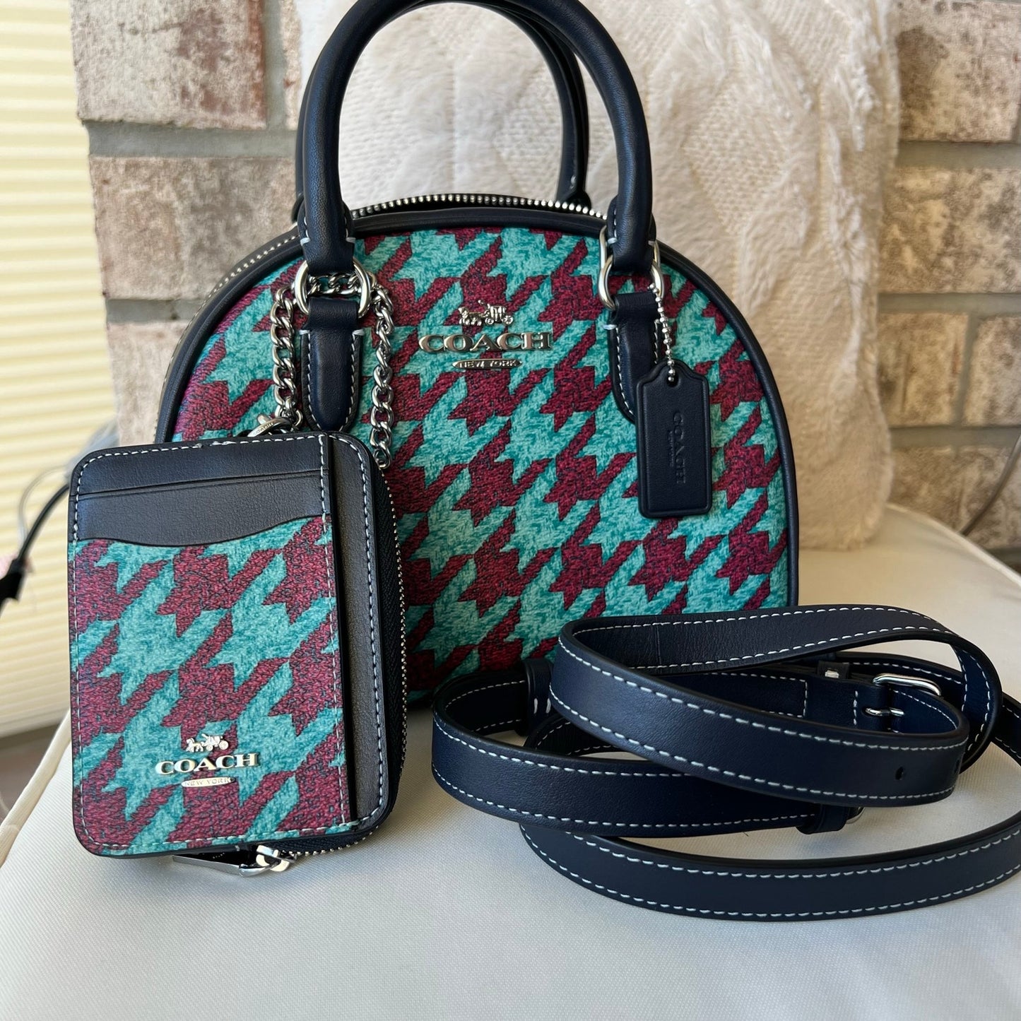 COACH Sydney Satchel With Houndstooth Print with Zip Card Wallet