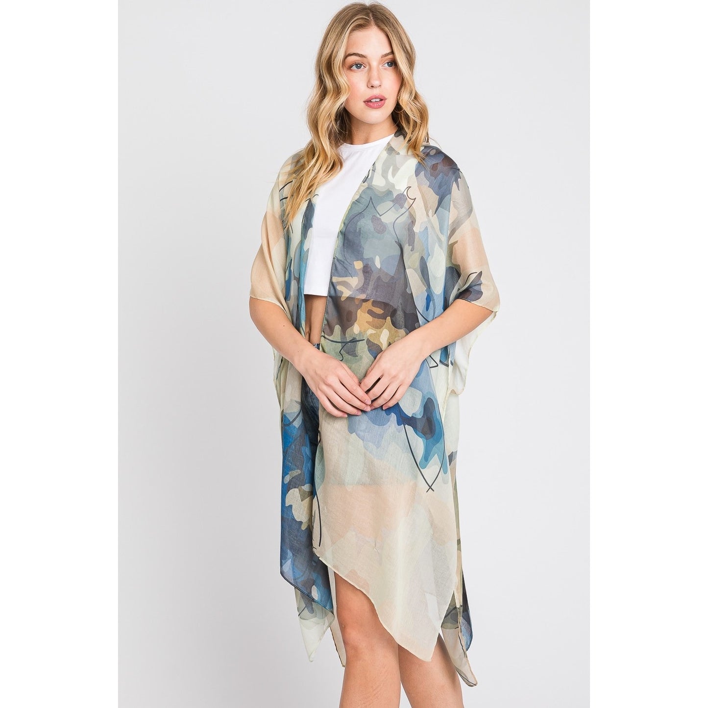 WOMEN'S ABSTRACT WATERCOLOR LEAVES PRINT KIMONO TOP BLUE