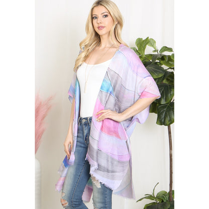 WOMEN'S MULTICOLOR ABSTRACT PRINT TASSEL OPEN FRONT KIMONO-FUCHSIA