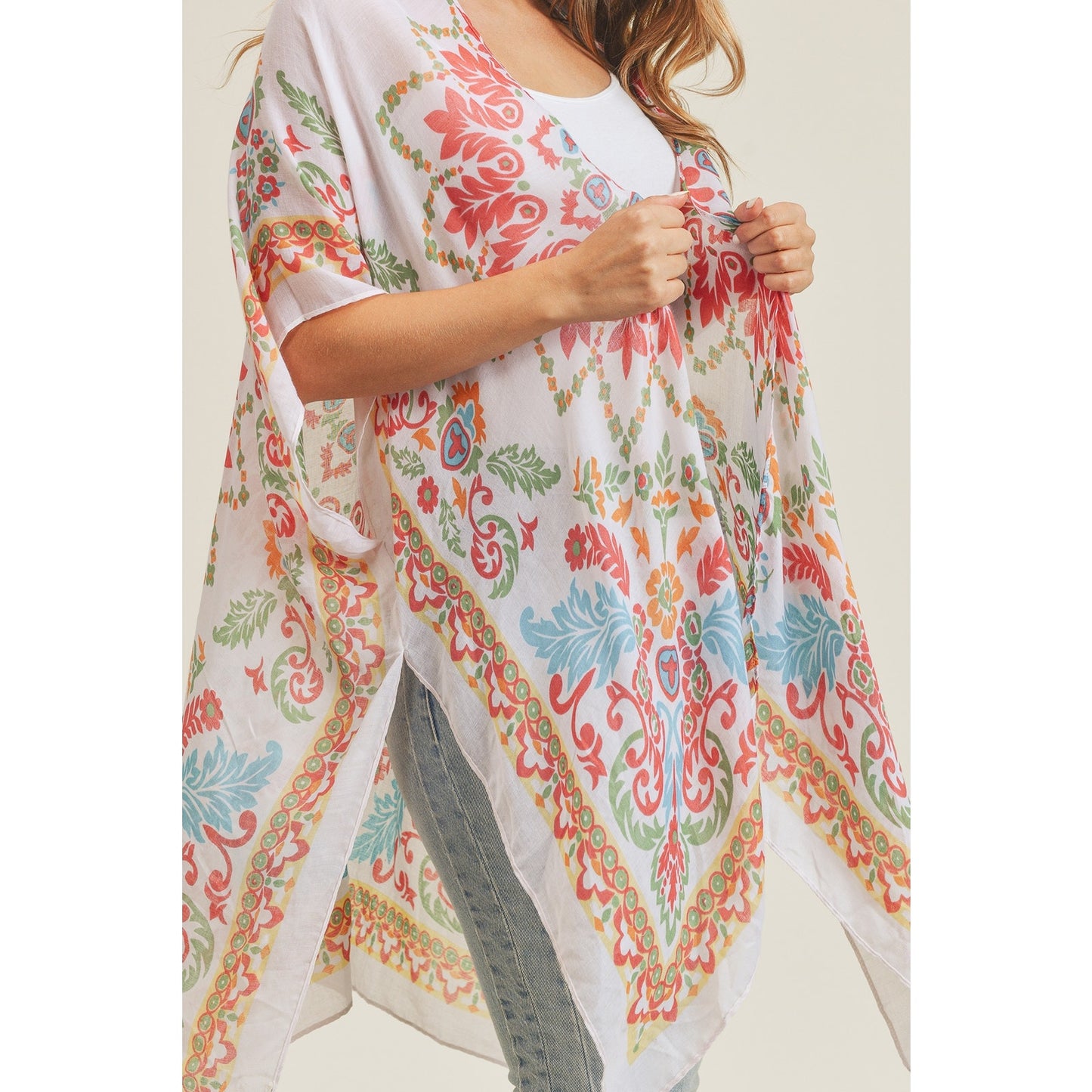 WOMEN'S BOHEMIAN PRINT KIMONO BEIGE CORAL