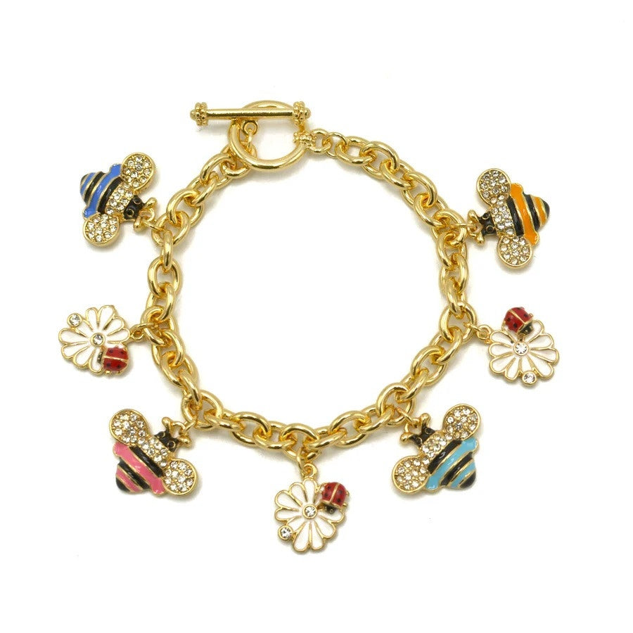 WOMEN'S FASHION GOLD CRYSTAL MULTI COLOR BEE AND FLOWER CHARM BRACELET