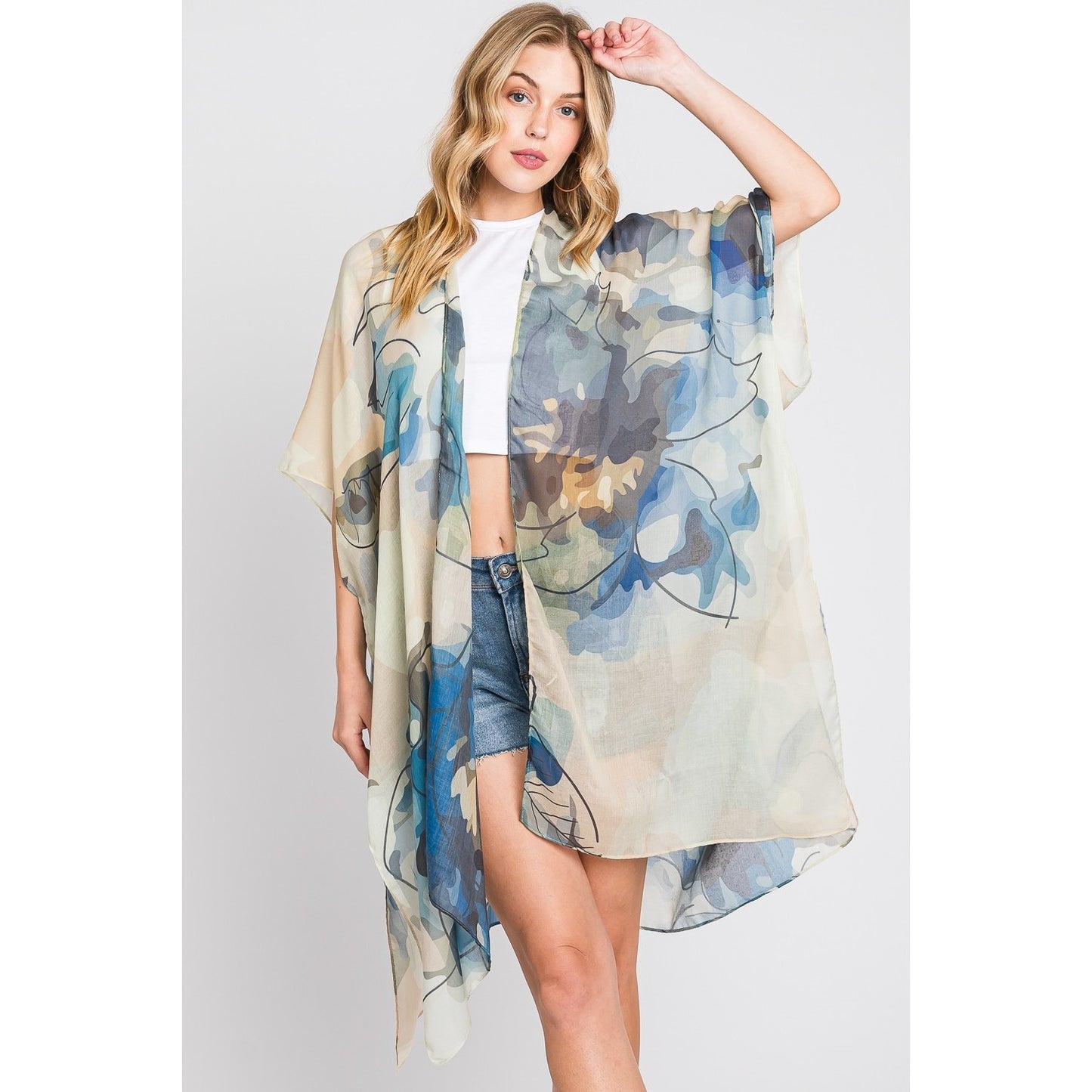 WOMEN'S ABSTRACT WATERCOLOR LEAVES PRINT KIMONO TOP BLUE