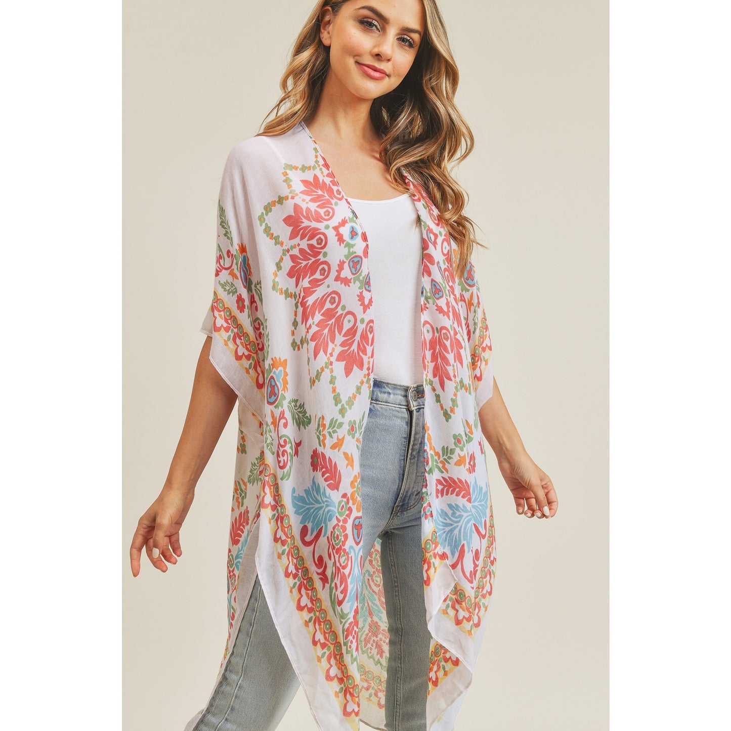 WOMEN'S BOHEMIAN PRINT KIMONO BEIGE CORAL