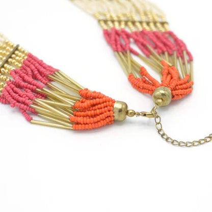 WOMEN HIGH QUALITY GOLD ORANGE FUCHSIA AND CREAM SEAD BEAD MULTI ROW STATEMENT NECKLACE