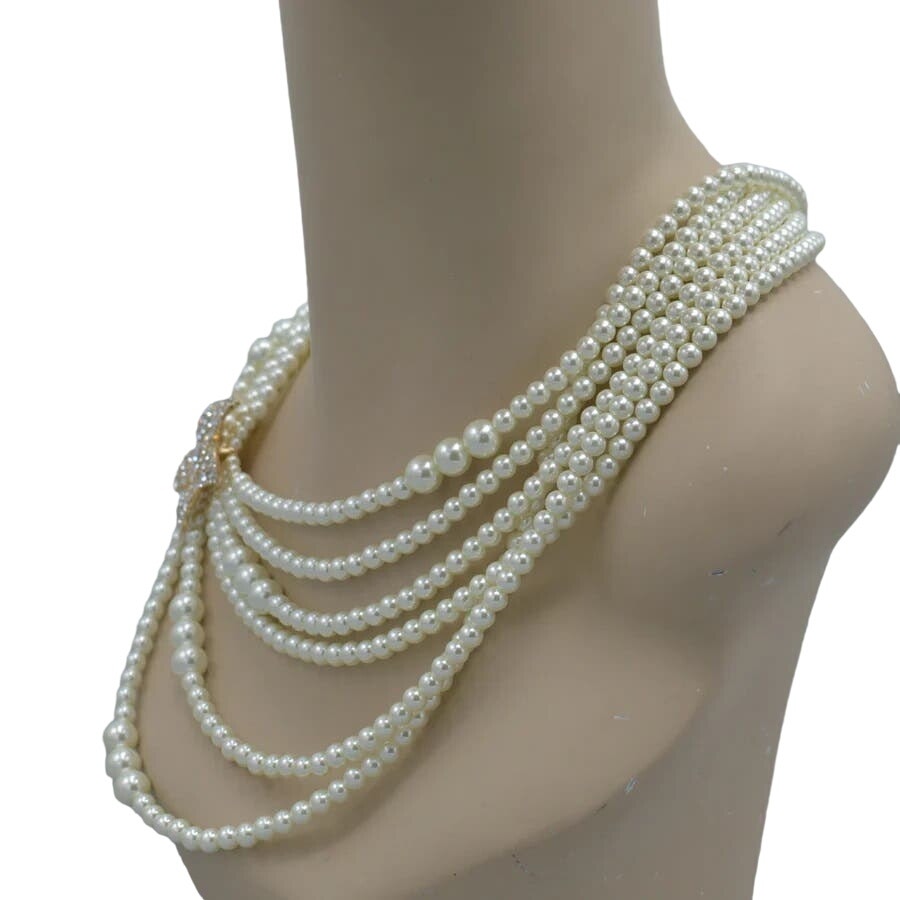 Women Statement Gold Cream Multi Strand Pearl & Crystal Flower Necklace