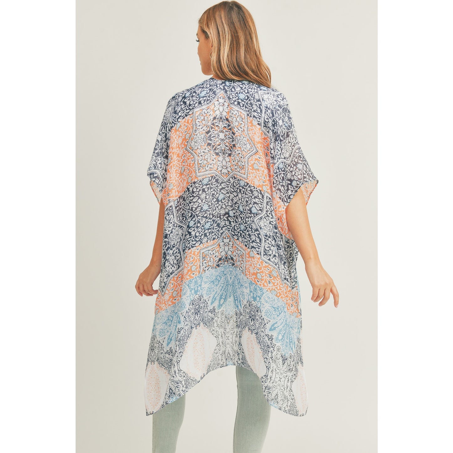 WOMEN BOHO ALL OVER MIXED PRINT KIMONO BLUE & ORANGE