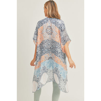 WOMEN BOHO ALL OVER MIXED PRINT KIMONO BLUE & ORANGE