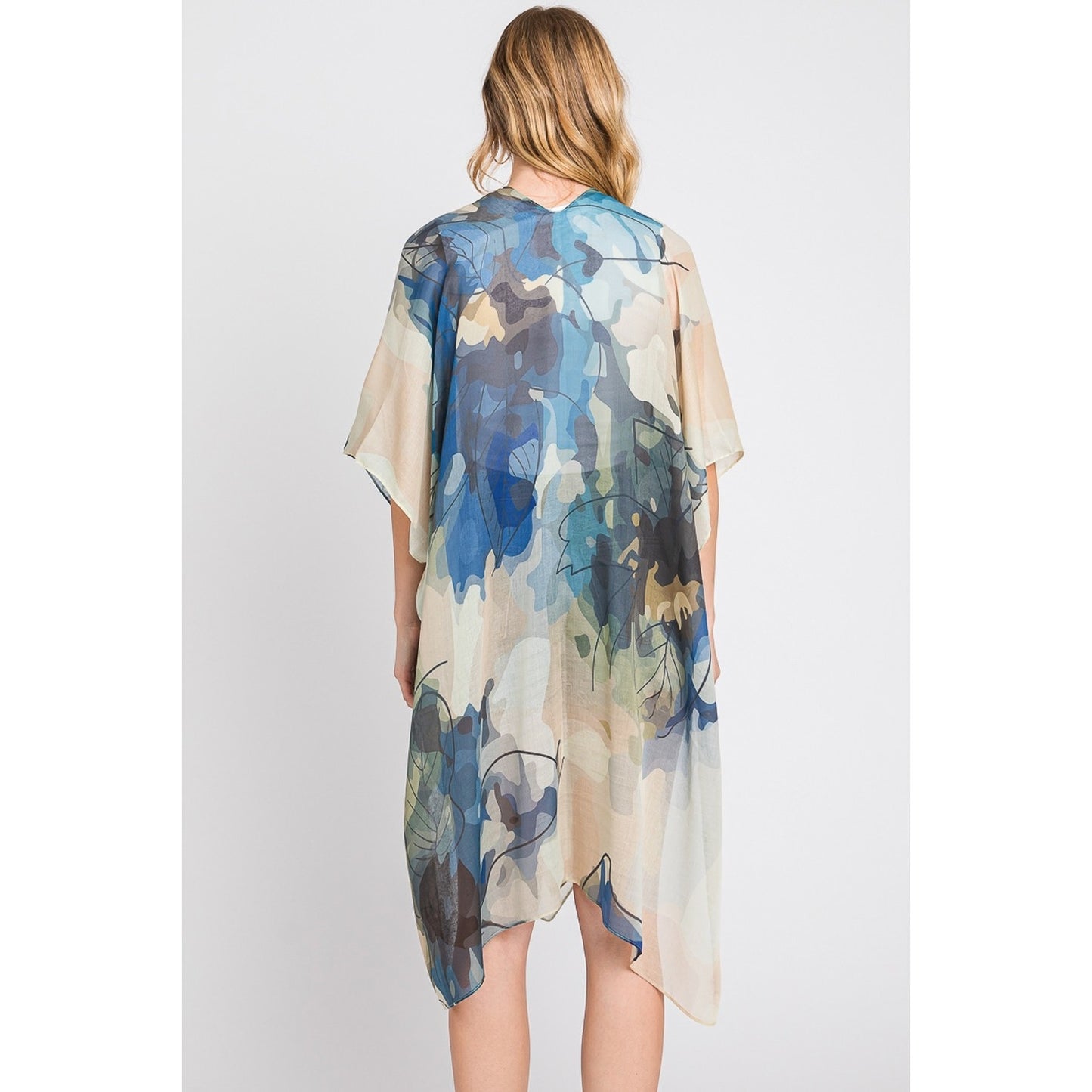 WOMEN'S ABSTRACT WATERCOLOR LEAVES PRINT KIMONO TOP BLUE