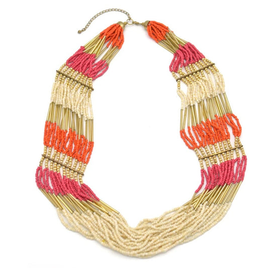 WOMEN HIGH QUALITY GOLD ORANGE FUCHSIA AND CREAM SEAD BEAD MULTI ROW STATEMENT NECKLACE