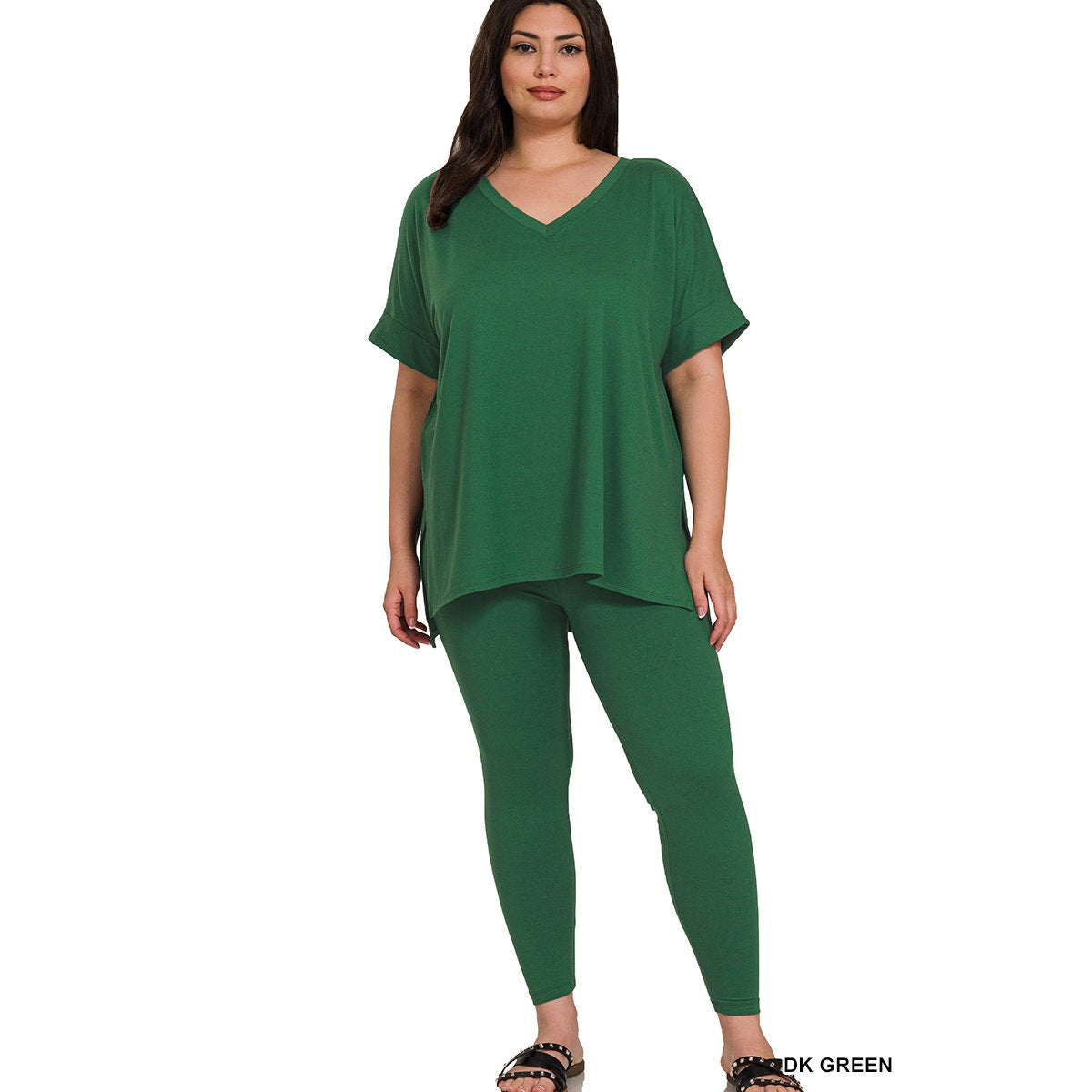 Comfortable Women's Plus Brushed Microfiber Loungewear Set in Dark Green