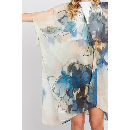 WOMEN'S ABSTRACT WATERCOLOR LEAVES PRINT KIMONO TOP BLUE