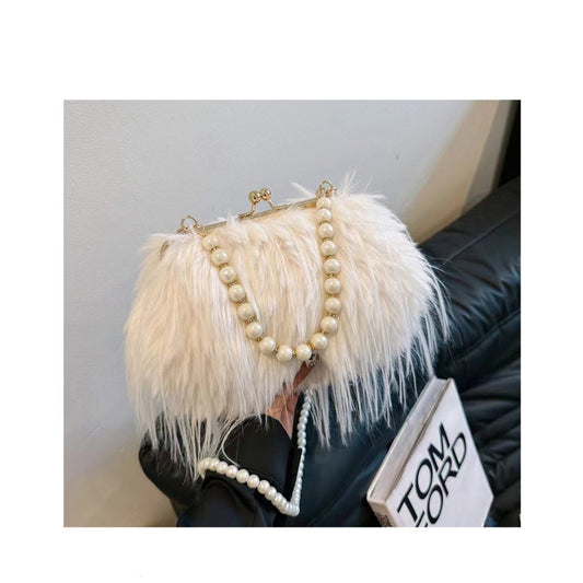 GORGEOUS WOMEN'S WHITE FAUX FLUFFY FEATHER FUR EMBELISHED HANDBAG