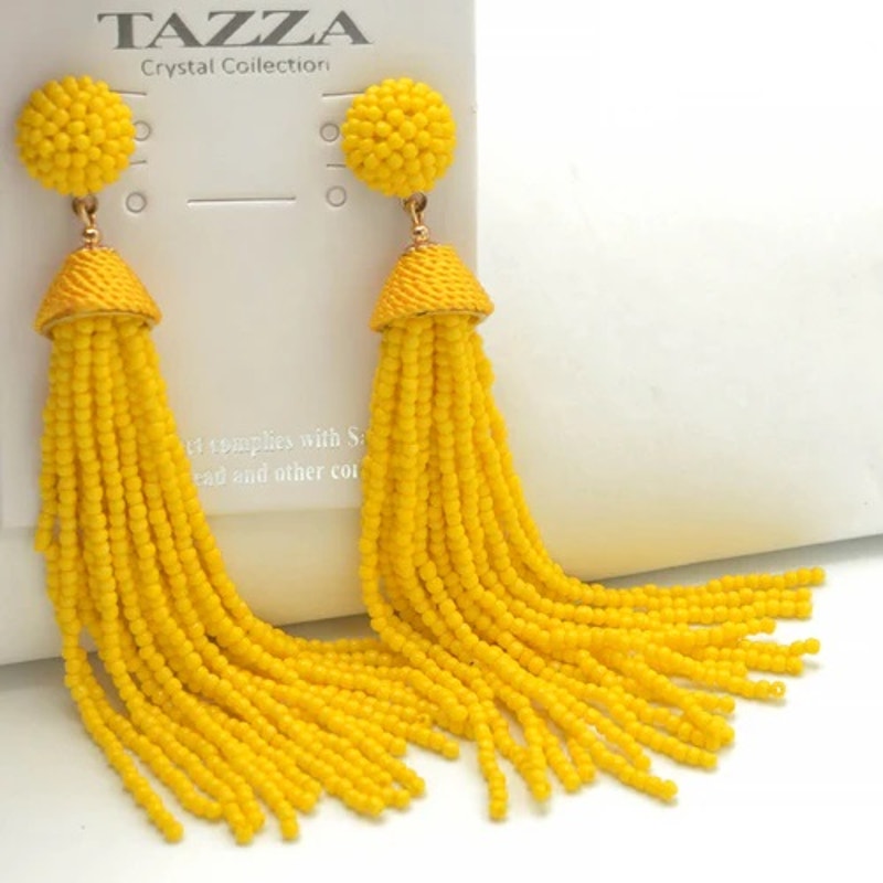 TAZZA WOMEN YELLOW SEED BEAD LONG TASSEL POST FASHION EARRINGS