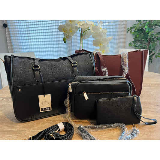 Women's Black Fashion Faux Leather Handbag 3 in 1 Set