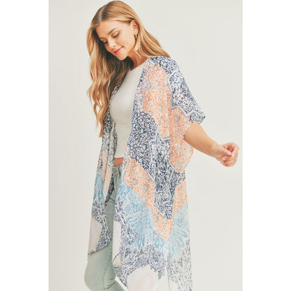 WOMEN BOHO ALL OVER MIXED PRINT KIMONO BLUE & ORANGE