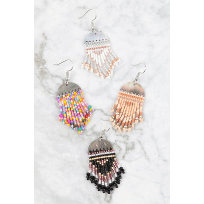 BOHO GEOMETRIC SEED BEADS FRINGE DANGLE HOOK EARRINGS-NATURAL