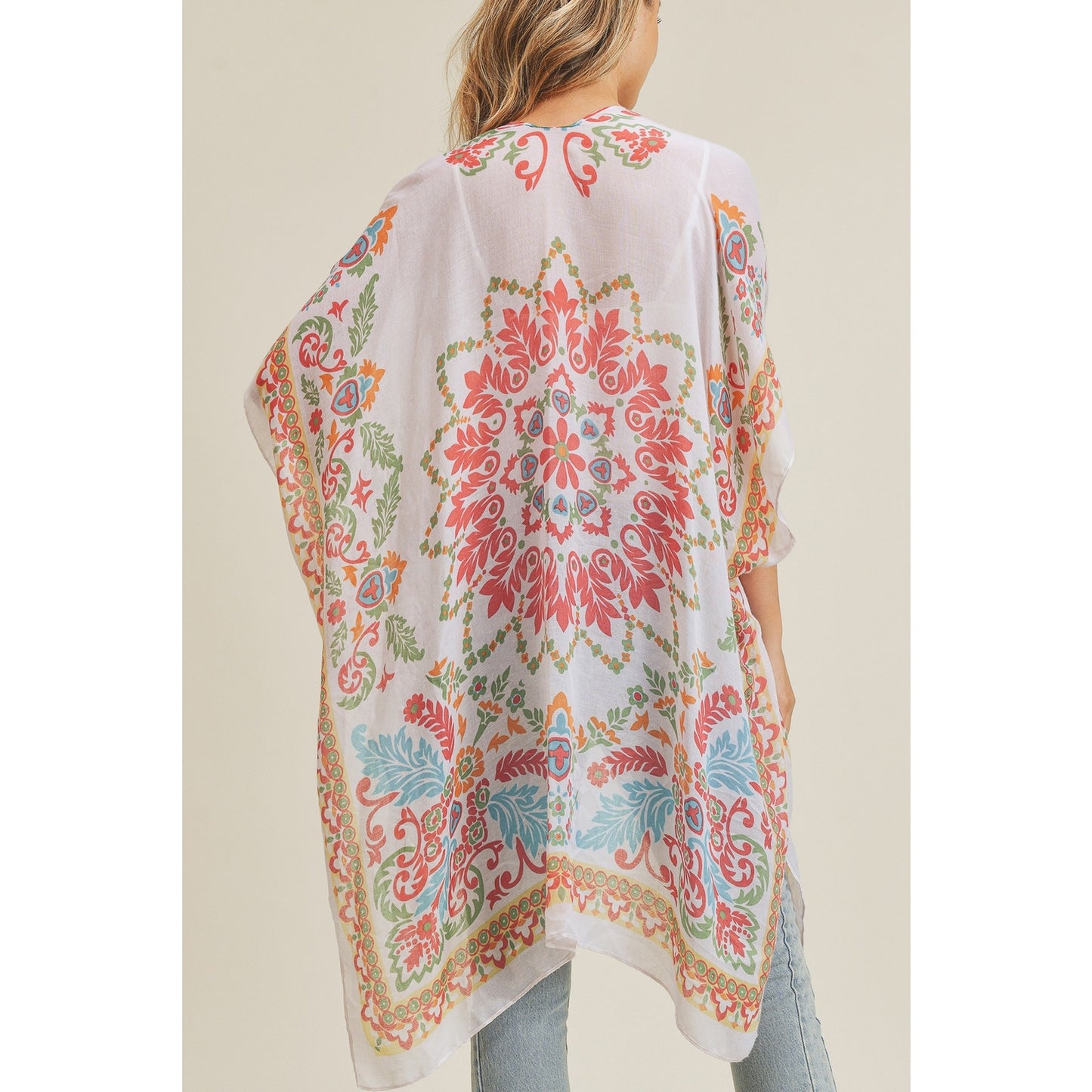 WOMEN'S BOHEMIAN PRINT KIMONO BEIGE CORAL