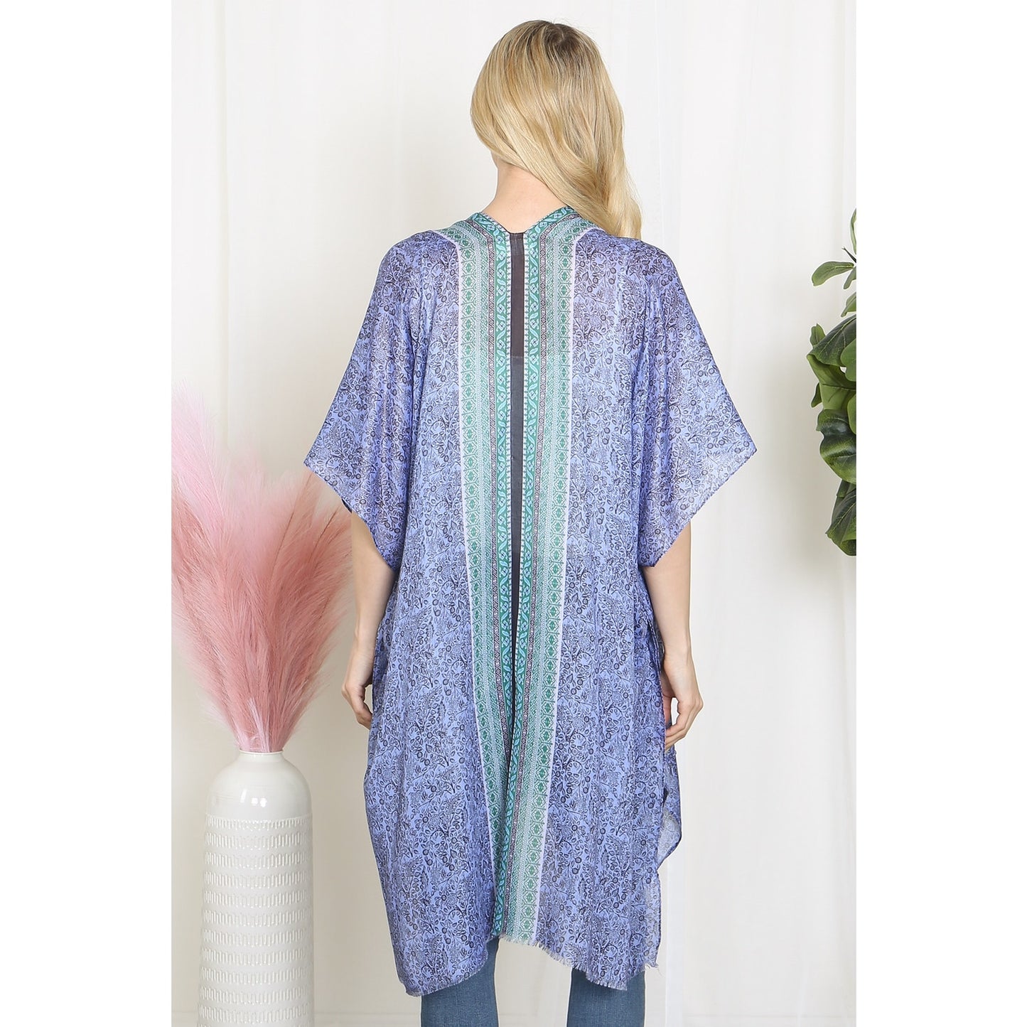 WOMEN'S LEAF PRINT INLINE BOHO OPEN FRONT KIMONO- LILAC TURQUOISE