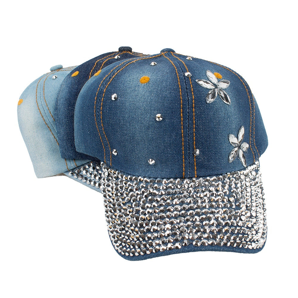 DENIM FLORAL RHINESTONE BASEBALL CAP