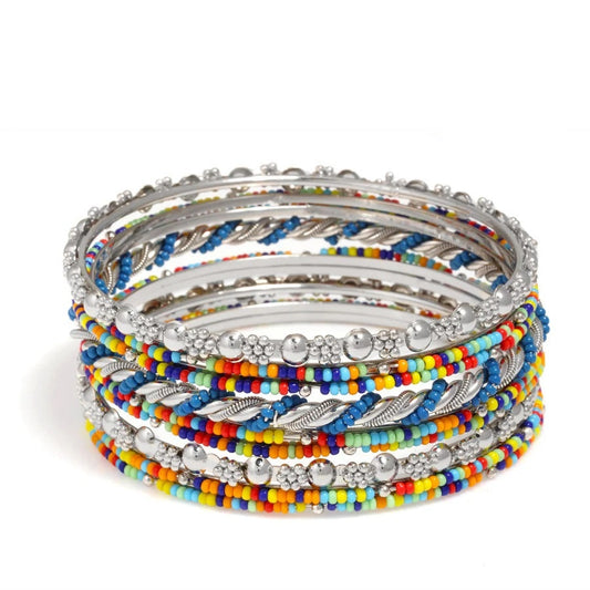 WOMEN PLUS SIZE FASHION BANGLE 9 PCS SET SILVER TONE MULTICOLOR BEADS