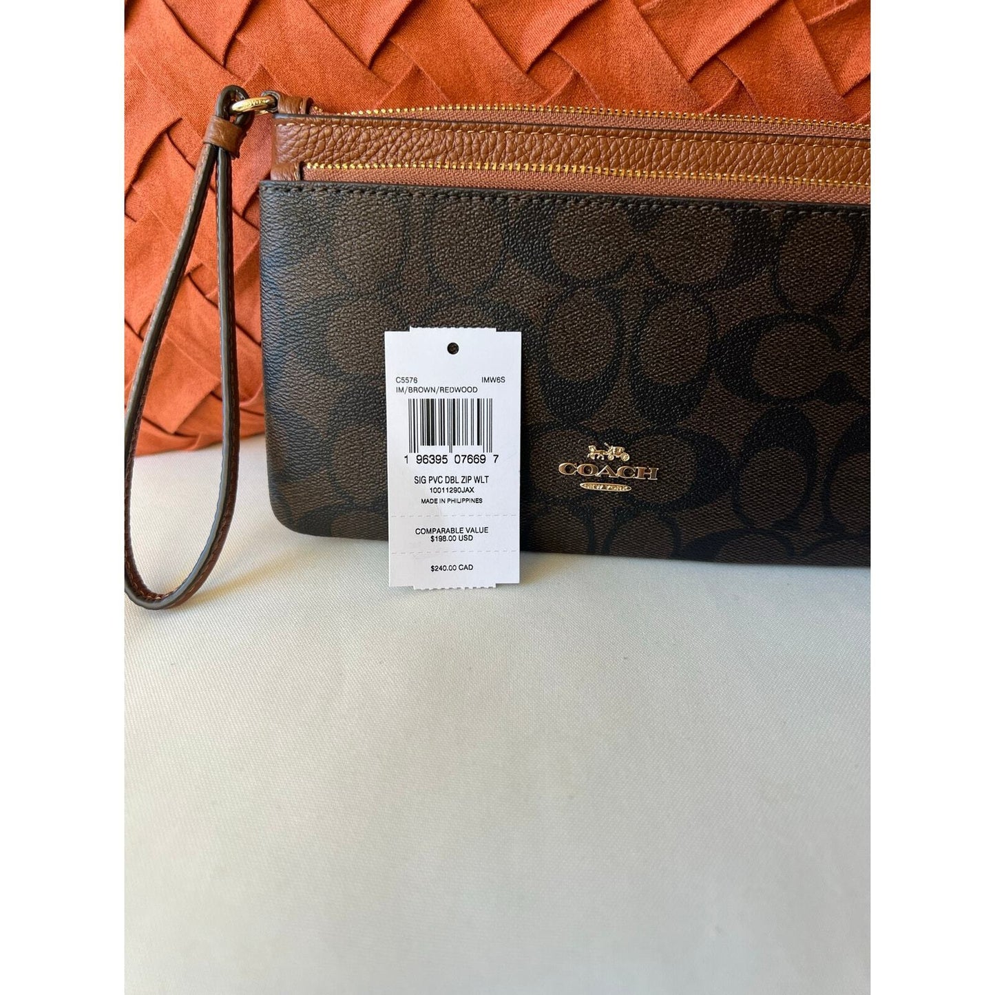COACH Double Zip Wallet In Signature Canvas BROWN/REDWOOD