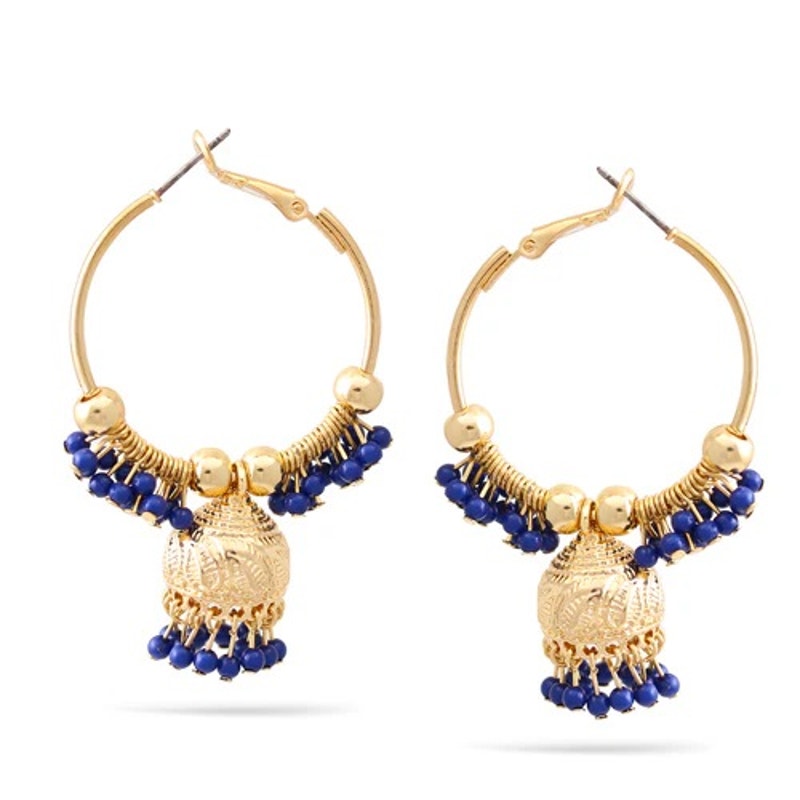 WOMEN'S FASHION GOLD-TONE NAVY BEADS DOGRA JHUMKA CHANDELIER EARRINGS