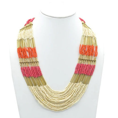 WOMEN HIGH QUALITY GOLD ORANGE FUCHSIA AND CREAM SEAD BEAD MULTI ROW STATEMENT NECKLACE