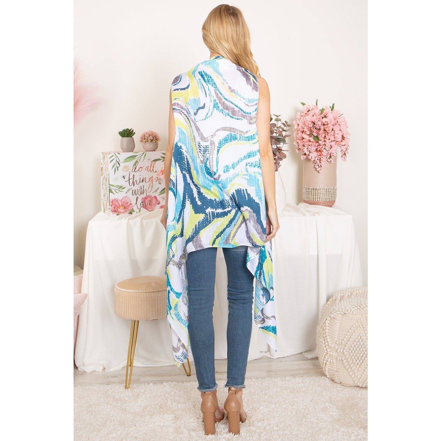 WOMEN ABSTRACT PRINT KNEE LENGTH OPEN FRONT KIMONO VEST-TURQUOISE