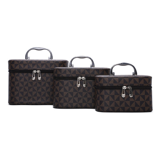 Monogram Printed 3-in-1 Cosmetic Case Brown Silver Tone Zip