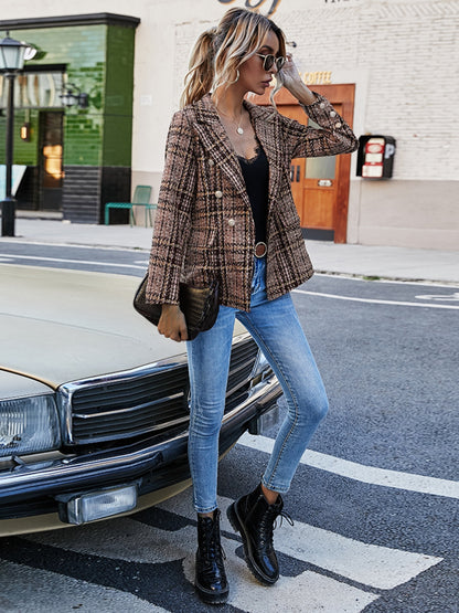 Full Size Plaid Lapel Collar Blazer