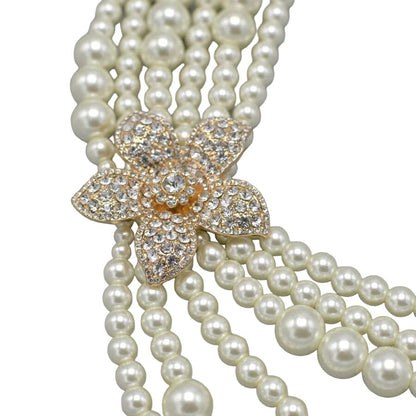 Women Statement Gold Cream Multi Strand Pearl & Crystal Flower Necklace