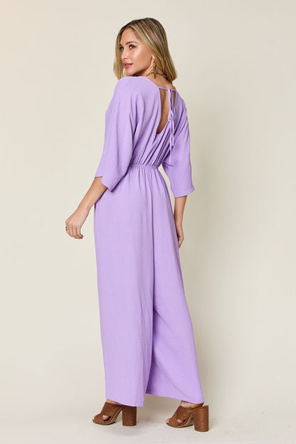 Double Take Full Size Surplice Wide Leg Jumpsuit with Pockets