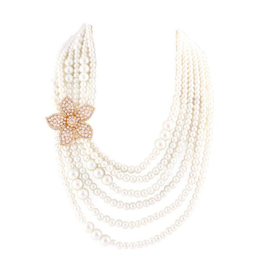 Women Statement Gold Cream Multi Strand Pearl & Crystal Flower Necklace