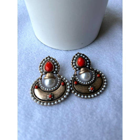 FASHION WOMEN ANTIQUE GOLD-TONE CORAL AND PEARL STUD EARRINGS