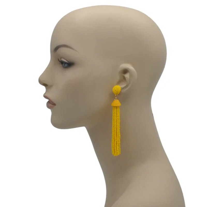 TAZZA WOMEN YELLOW SEED BEAD LONG TASSEL POST FASHION EARRINGS