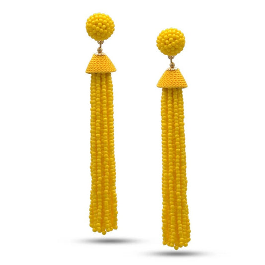 TAZZA WOMEN YELLOW SEED BEAD LONG TASSEL POST FASHION EARRINGS