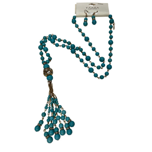 Turquoise & Gold crystal Ball Long Tassel Necklace and Earrings set
