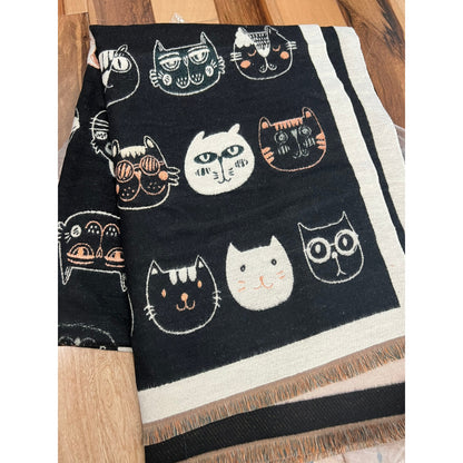 WOMEN'S CAT PATTERN THICK PASHMINA SCARF BLACK