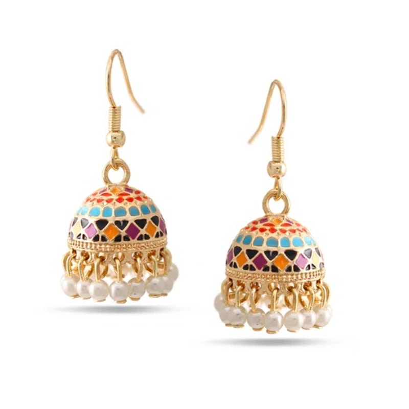 WOMEN'S FASHION GOLD-TONE MULTICOLOR DOGRA JHUMKA CHANDALIER EARRINGS