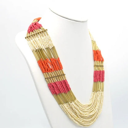 WOMEN HIGH QUALITY GOLD ORANGE FUCHSIA AND CREAM SEAD BEAD MULTI ROW STATEMENT NECKLACE