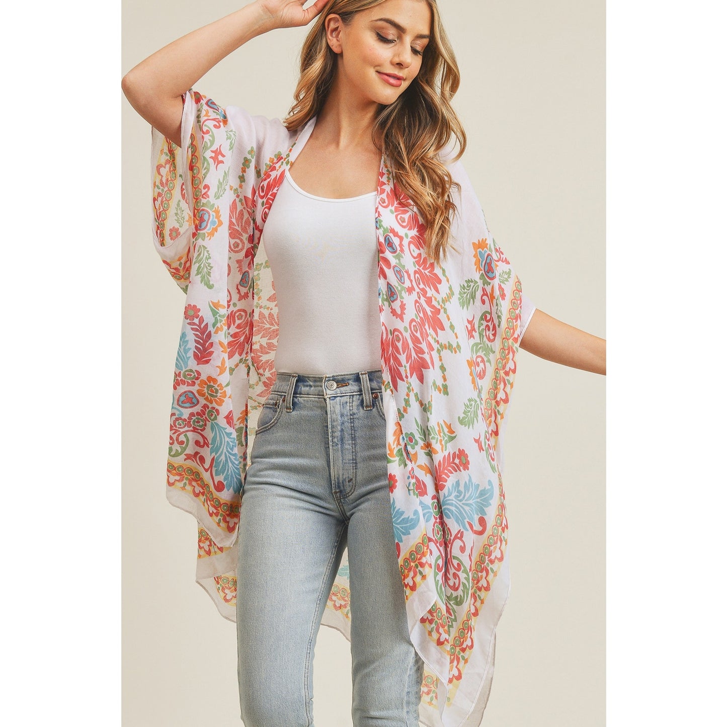 WOMEN'S BOHEMIAN PRINT KIMONO BEIGE CORAL