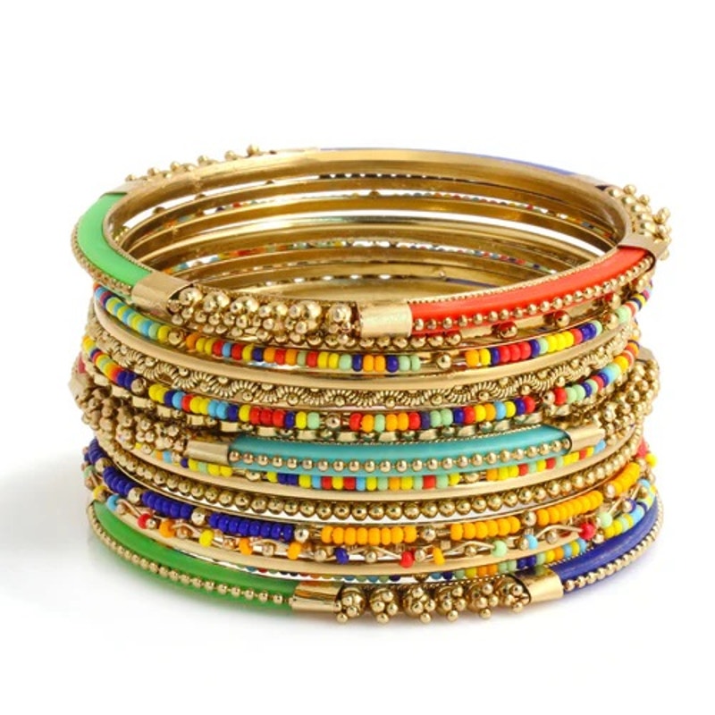 WOMEN'S FASHION GOLD-TONE & MULTICOLOR 16 PCS INDIAN BANGLE SET