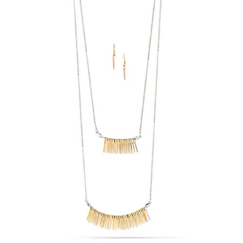 FASHION TRI-TONE EARRINGS AND 2 LAYERED TASSEL NECKLACE SET