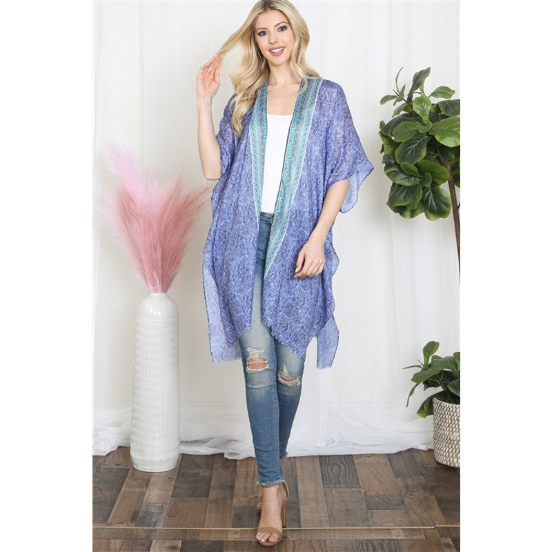 WOMEN'S LEAF PRINT INLINE BOHO OPEN FRONT KIMONO- LILAC TURQUOISE