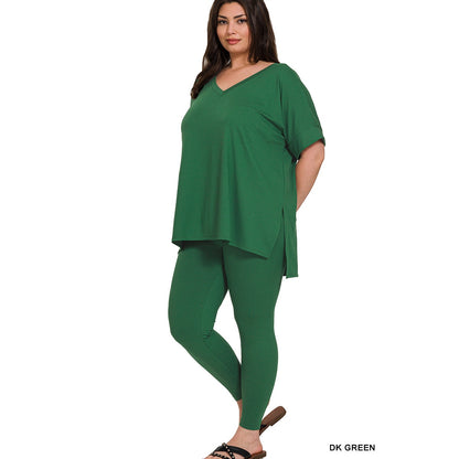 Comfortable Women's Plus Brushed Microfiber Loungewear Set in Dark Green